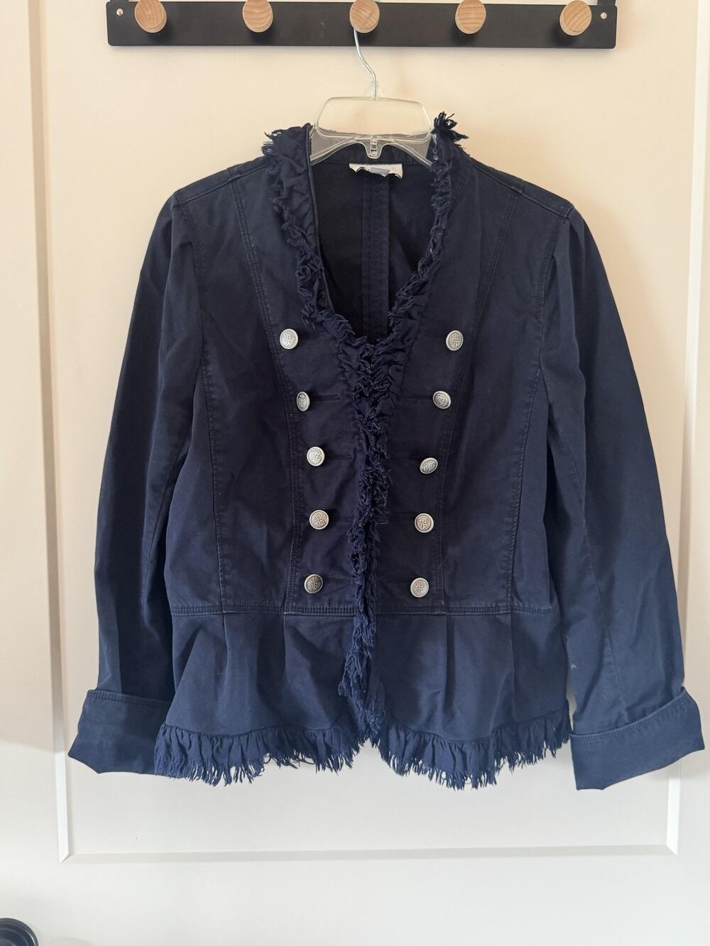 Ann Taylor LOFT Jacket Sz 12 Blue Military Twill Ruffle Fringe Buttons Belted